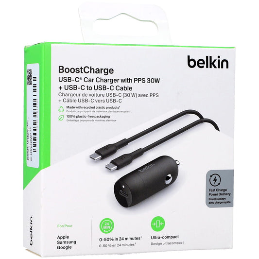 BELKIN Combo Chargeur Voiture USB-C (30 W) + Câble USB-C 1m (Noir)