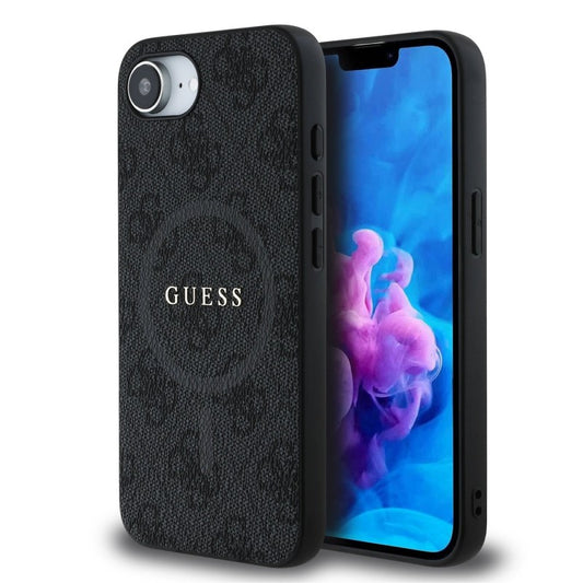 IPhone 16e - Coque arrière Guess en cuir PU 4G avec anneau coloré MagSafe - Noir